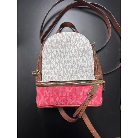Michael Kors Logo Rhea Zip Extra Small Messenger Backpack - Dahlia Multi Pink